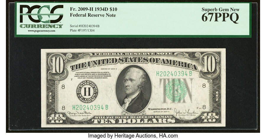 image for: Fr. 2009-H $10 1934D Federal Reserve Note. PCGS Superb Gem New 67PPQ....
