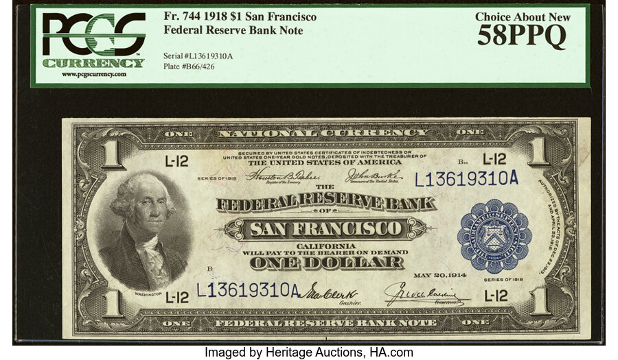 image for: Fr. 744 $1 1918 Federal Reserve Bank Note PCGS Choice About New 58PPQ....