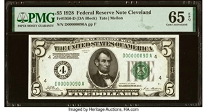 image for: Low Serial Number 90 Fr. 1950-D $5 1928 Federal Reserve Note. PMG Gem Uncirculated 65 EPQ....