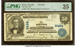 image for: Reno, NV - $50 1902 Plain Back Fr. 682 The Reno National Bank Ch. # 8424 PMG Very Fine 25....