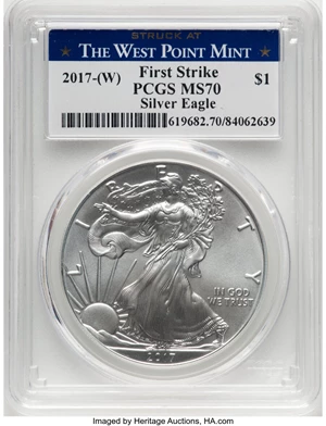 image for: 2017-W $1 One-Ounce Silver Eagle, Struck at The West Point Mint, First Strike MS70 PCGS....