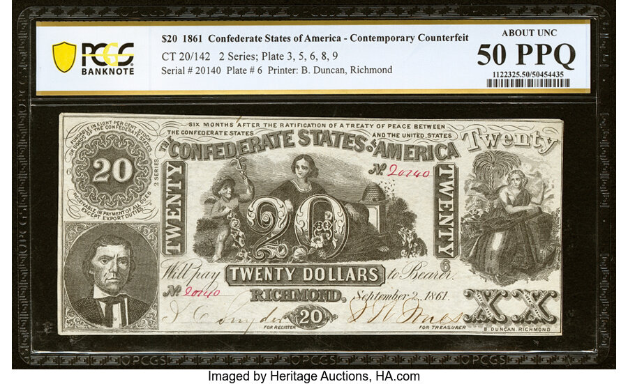 image for: CT20/142 Counterfeit $20 1861 PCGS Banknote About Unc 50 PPQ....