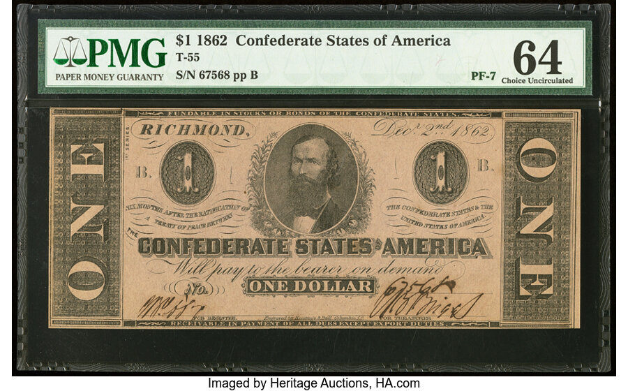 image for: T55 $1 1862 PF-7 Cr. 398 PMG Choice Uncirculated 64....