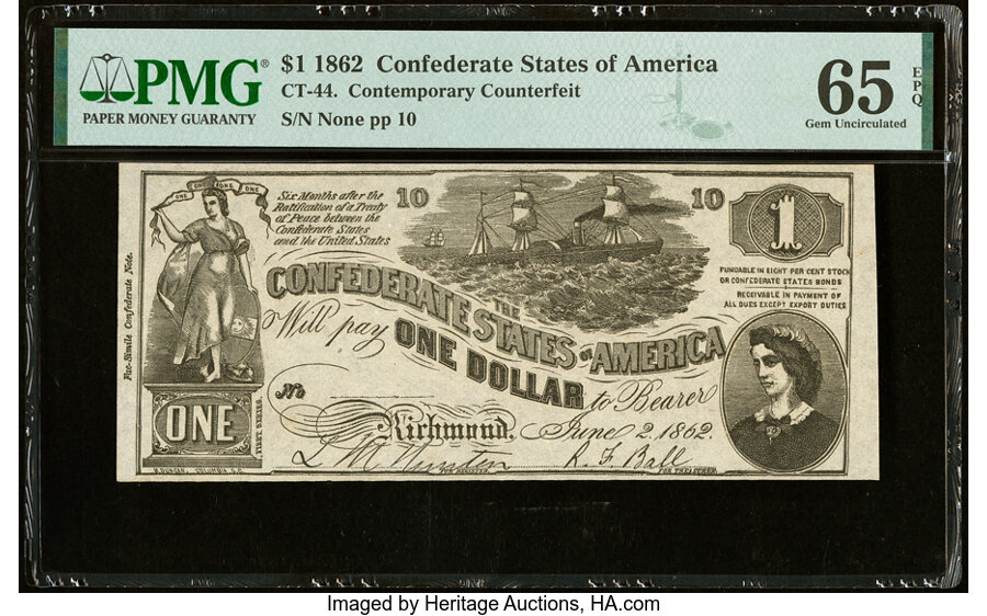 image for: CT44/339 $1 1862 Contemporary Counterfeit PMG Gem Uncirculated 65 EPQ....
