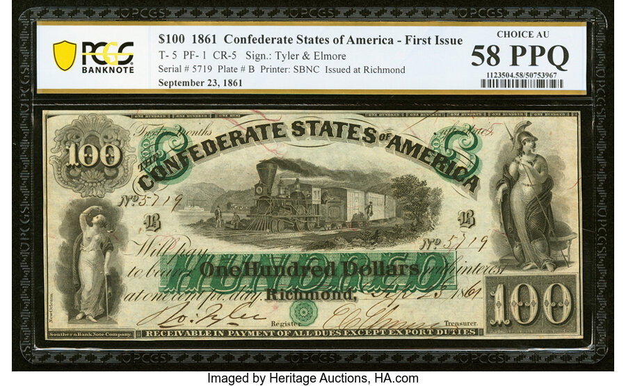 image for: T5 $100 1861 PF-1 Cr. 5 PCGS Banknote Choice AU 58 PPQ....