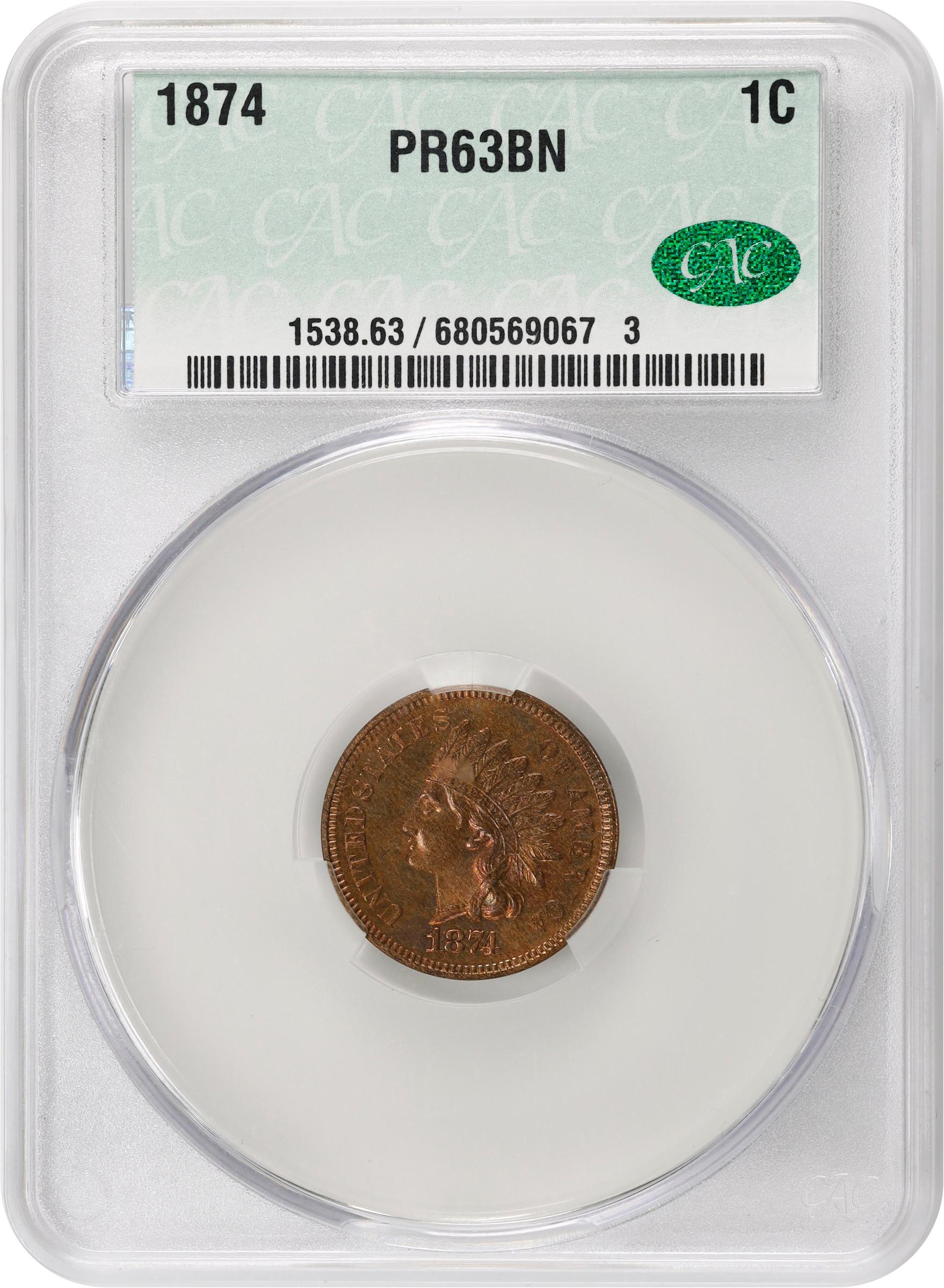 image for: 1874 Indian Cent. Proof-63 BN (CACG).