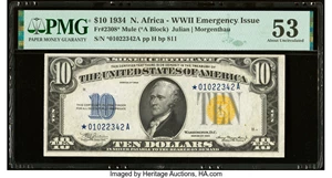 image for: Fr. 2308* $10 1934 Mule North Africa Silver Certificate. PMG About Uncirculated 53....
