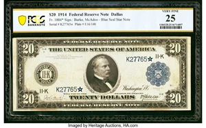 image for: Fr. 1004* $20 1914 Federal Reserve Star Note PCGS Banknote Very Fine 25....