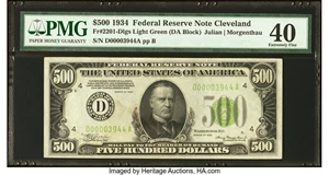 image for: Fr. 2201-D $500 1934 Light Green Seal Federal Reserve Note. PMG Extremely Fine 40....