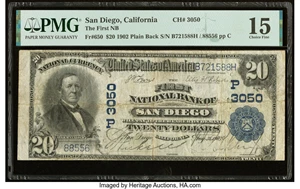 image for: San Diego, CA - $20 1902 Plain Back Fr. 650 The First National Bank Ch. # (P)3050 PMG Choice Fine 15....
