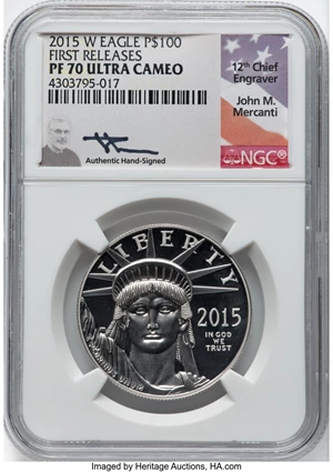 image for: 2015-W $100 One-Ounce Platinum Eagle, First Releases, PR70 Ultra Cameo NGC. Hand-signed, John M. Mercanti....