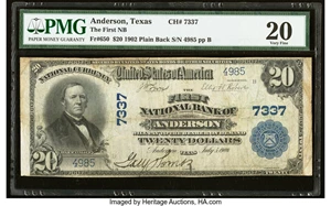 image for: Anderson, TX - $20 1902 Plain Back Fr. 650 The First National Bank Ch. # 7337 PMG Very Fine 20....