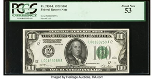 image for: Fr. 2150-L $100 1928 Federal Reserve Note. PCGS About New 53....