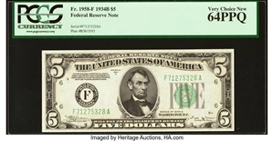 image for: Fr. 1958-F $5 1934B Federal Reserve Note. PCGS Very Choice New 64PPQ....
