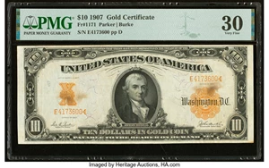 image for: Fr. 1171 $10 1907 Gold Certificate PMG Very Fine 30....
