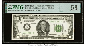 image for: Fr. 2150-L $100 1928 Federal Reserve Note. PMG About Uncirculated 53....