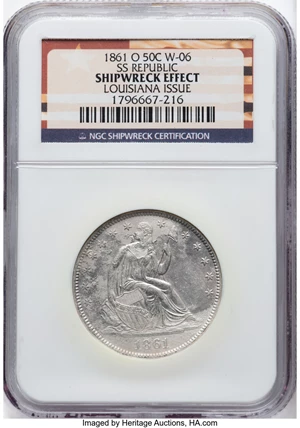 image for: 1861-O 50C WB-101, Die Pair 4, R.2 -- Shipwreck Effect -- NGC. Ex: S.S. Republic. Louisiana State Issue. Mintage 2,532,...