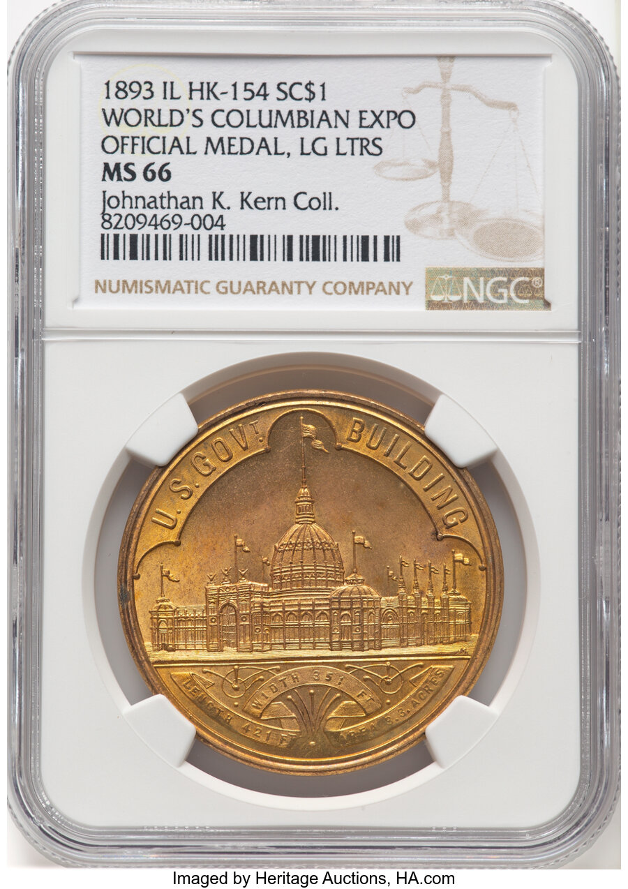 image for: 1893 World's Columbian Exposition, Official Medal, Large Letters, Gilt, HK-154, Eglit-23, SH 6-1 GP, R.2, MS66 NGC. Ex: Jona...