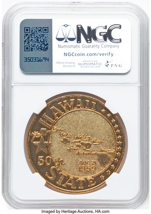 image for: 1959 Alaska-Hawaii Statehood, Bronze, Bright, HK-530, R.5, MS64 NGC. Edge Serial number #205. Census: 12 in 64, 5 finer (4/2...