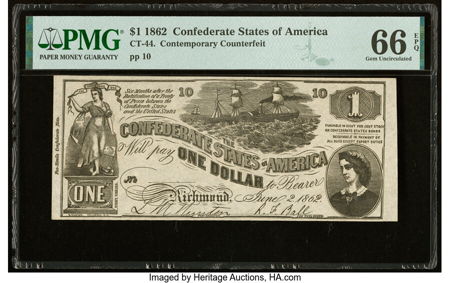 image for: CT44/339 Counterfeit $1 1862 PMG Gem Uncirculated 66 EPQ....