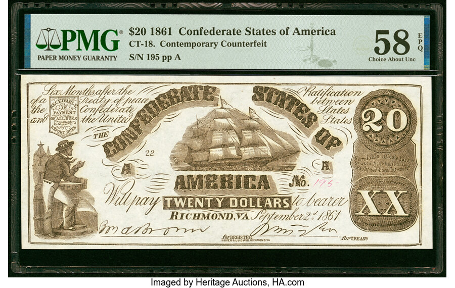 image for: CT18/129E Counterfeit $20 1861 PMG Choice About Unc 58 EPQ....