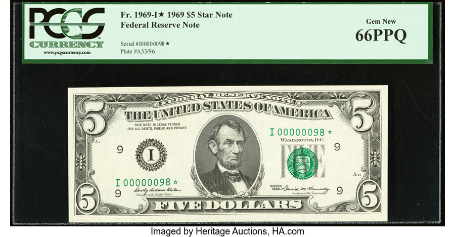 image for: Low Serial 00000098* Fr. 1969-I* $5 1969 Federal Reserve Star Note. PCGS Gem New 66PPQ....