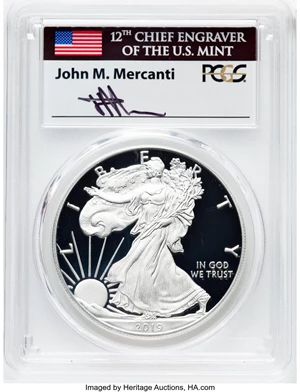 image for: 2019-W $1 Silver Eagle, First Day of Issue, PR70 Deep Cameo PCGS. Hand-signed, John M. Mercanti....