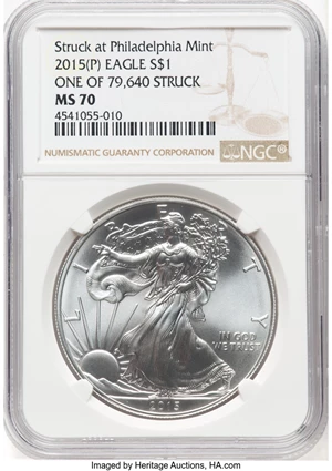 image for: 2015-(P) $1 Silver Eagle, Struck at Philadelphia Mint, MS70 NGC. 1 of 79,640 Struck....