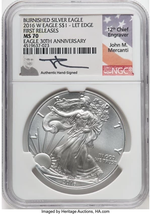 image for: 2016-(W) $1 Silver Eagle, 30th Anniversary, Lettered Edge, First Releases, Burnished, MS70 NGC. Authentic Hand-Signed, John...