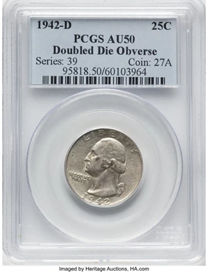 image for: 1942-D 25C Doubled Die Obverse, FS-101, AU50 PCGS. PCGS Population: (7/44)....