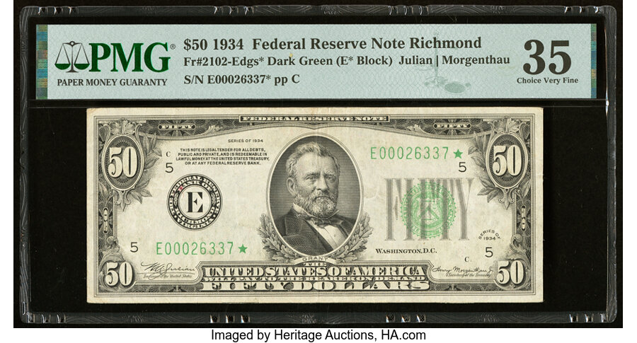image for: Fr. 2102-E* $50 1934 Federal Reserve Star Note. PMG Choice Very Fine 35....