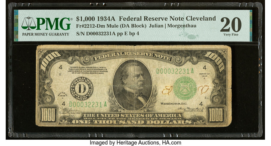 image for: Fr. 2212-D $1,000 1934A Mule Federal Reserve Note. PMG Very Fine 20....
