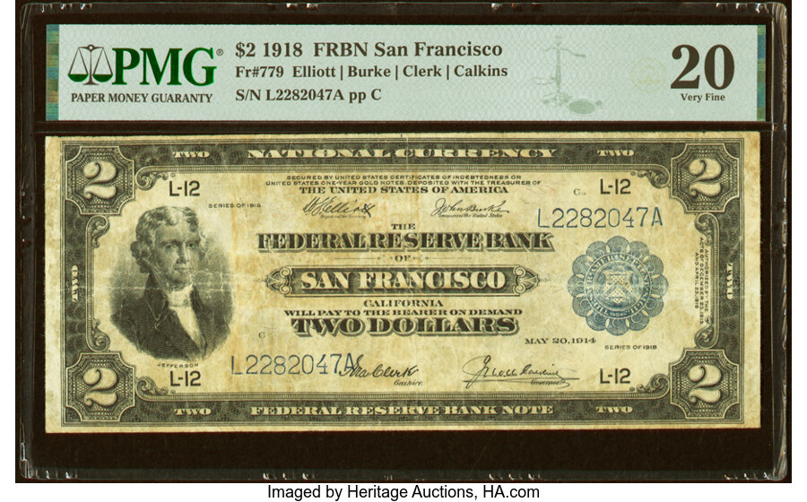 image for: Fr. 779 $2 1918 Federal Reserve Bank Note PMG Very Fine 20....