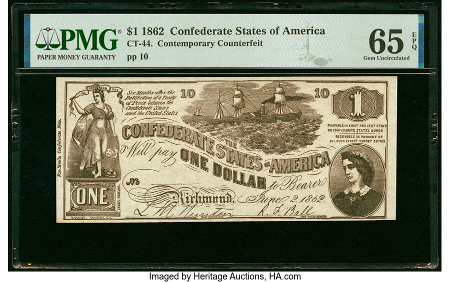 image for: CT44/339 Counterfeit $1 1862 PMG Gem Uncirculated 65 EPQ....