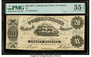 image for: T9 $20 1861 PF-13 Cr. 32 PMG About Uncirculated 55 EPQ....