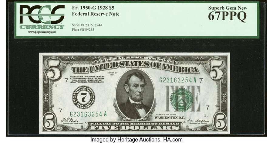 image for: Fr. 1950-G $5 1928 Federal Reserve Note. PCGS Superb Gem New 67PPQ....