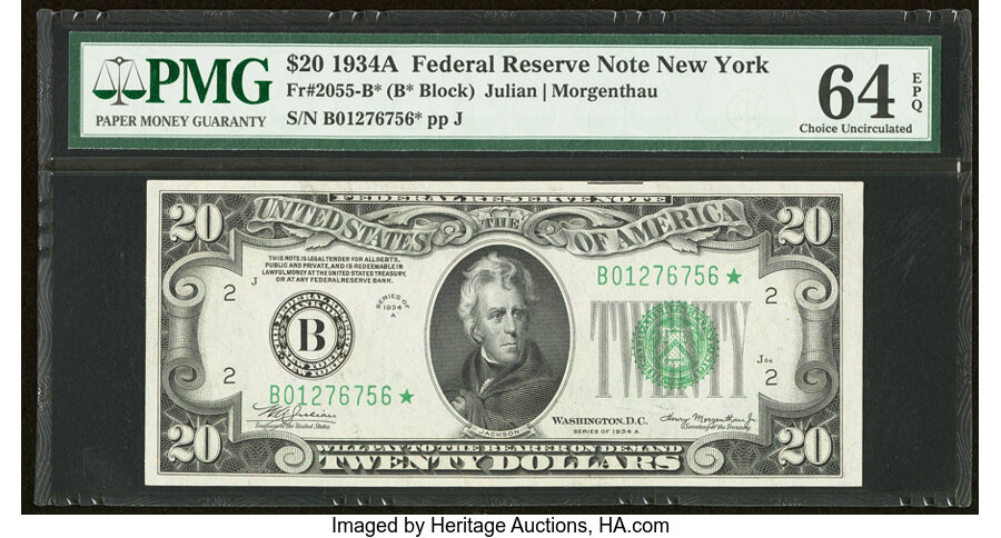 image for: Fr. 2055-B* $20 1934A Federal Reserve Star Note. PMG Choice Uncirculated 64 EPQ....