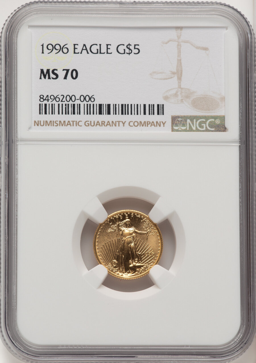 image for: 1996 $5 Tenth-Ounce Gold Eagle MS70 NGC.  Mintage 401,964. ...