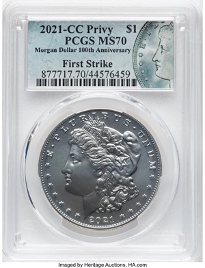 image for: 2021-CC $1 Morgan Dollar 100th Anniversary, CC Privy, First Strike, MS70 PCGS....