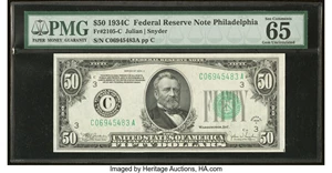 image for: Fr. 2105-C $50 1934C Federal Reserve Note. PMG Gem Uncirculated 65 EPQ....