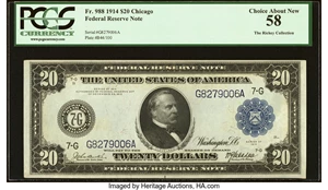 image for: Fr. 988 $20 1914 Federal Reserve Note PCGS Choice About New 58....