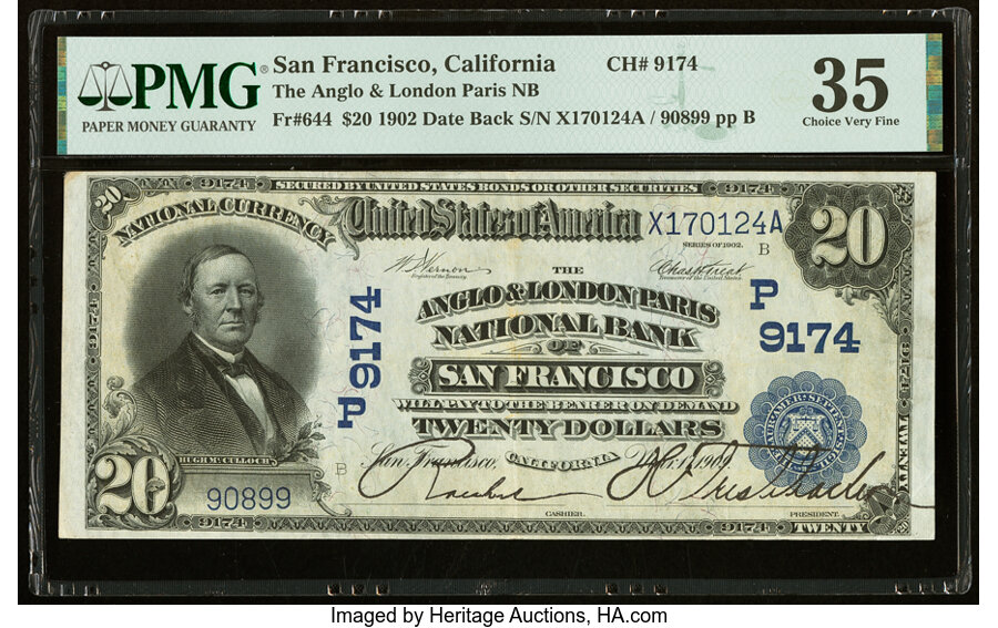 image for: San Francisco, CA - $20 1902 Date Back Fr. 644 The Anglo & London Paris National Bank Ch. # (P)9174 PMG Choice Very Fine 35....