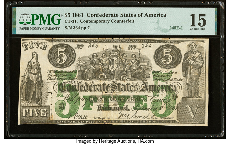 image for: CT31/245E Counterfeit $5 1861 PMG Choice Fine 15....