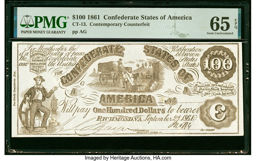 image for: CT13/56B Counterfeit $100 1861 PMG Gem Uncirculated 65 EPQ....