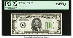 image for: Fr. 1955-L $5 1934 Light Green Seal Federal Reserve Note. PCGS Very Fine 35PPQ....