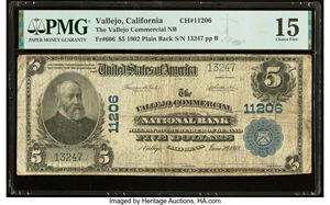 image for: Vallejo, CA - $5 1902 Plain Back Fr. 606 The Vallejo Commercial National Bank Ch. # 11206 PMG Choice Fine 15....