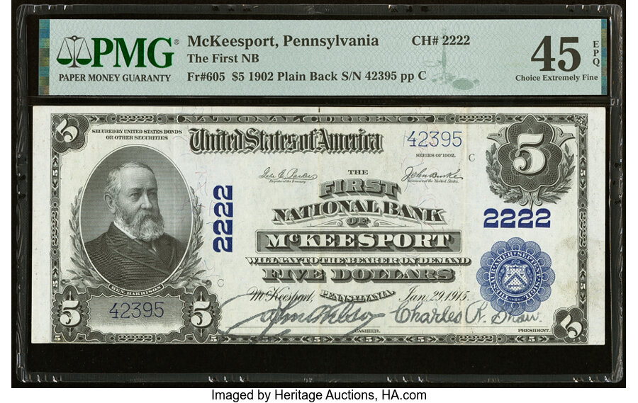 image for: McKeesport, PA - $5 1902 Plain Back Fr. 605 The First National Bank Ch. # 2222 PMG Choice Extremely Fine 45 EPQ....