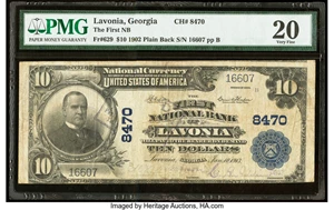 image for: Lavonia, GA - $10 1902 Plain Back Fr. 629 The First National Bank Ch. # 8470 PMG Very Fine 20....