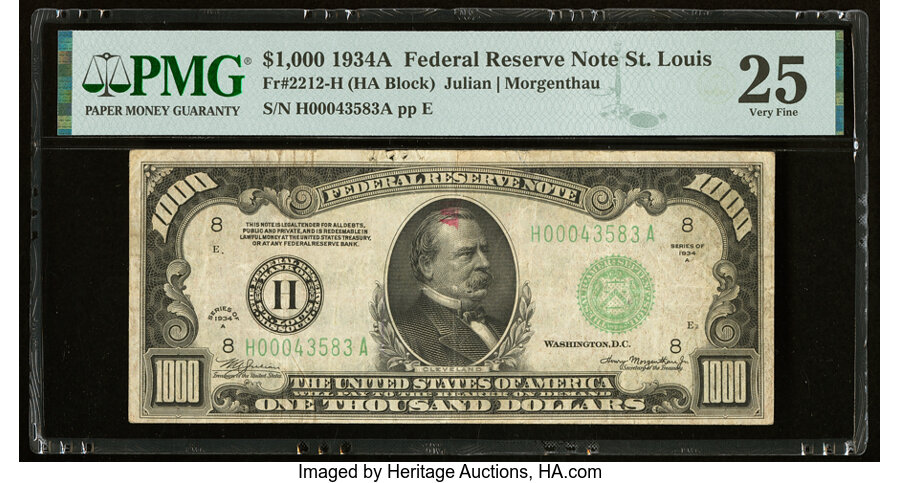 image for: Fr. 2212-H $1,000 1934A Federal Reserve Note. PMG Very Fine 25....