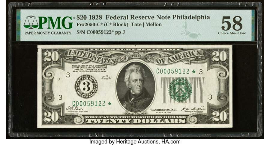 image for: Fr. 2050-C* $20 1928 Federal Reserve Star Note. PMG Choice About Unc 58....
